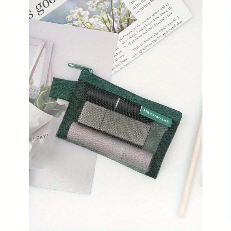 1pc スクエアメッシュポータブル小型収納バッグ、ジッパー付き、化粧品収納バッグ、ポケットを清潔で整頓した状態に保ちます。