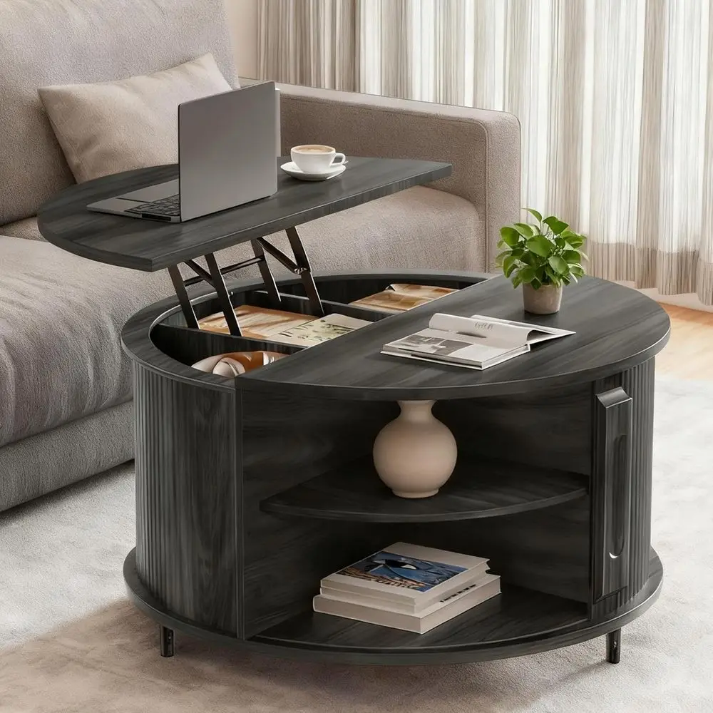 

Modern 31.5 Curved Sliding Door Coffee Table with Hidden Storage for Small Spaces, Black