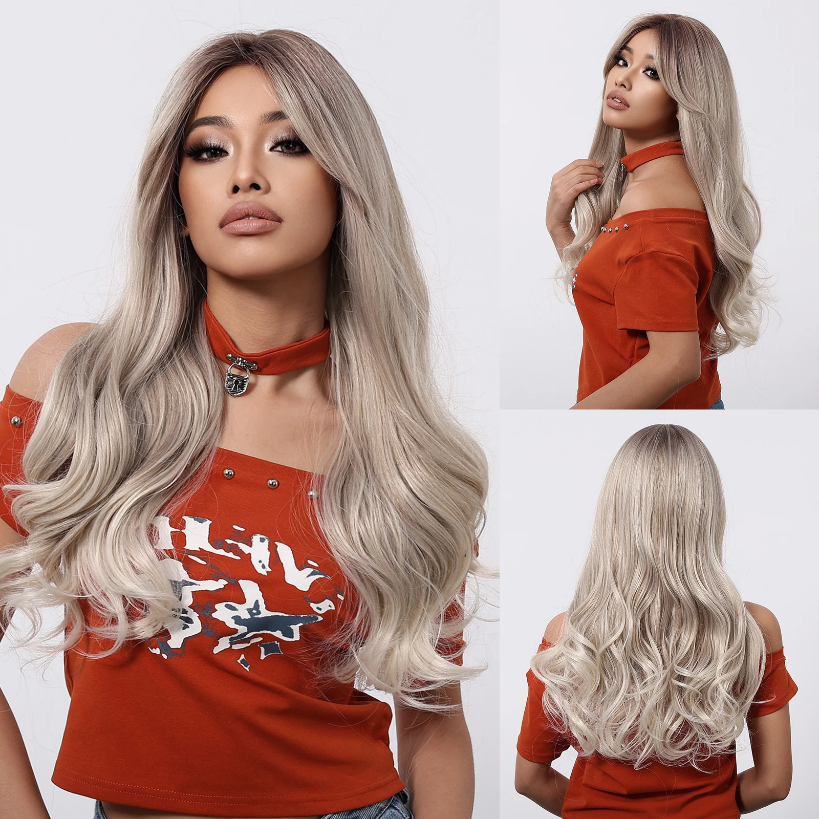 

Long Wavy AshBlonde Wig Without Bangs for Women Synthetic Hair Heat Resistant Fiber Loose Wave Long Style Soft Bouncy Daily Wear