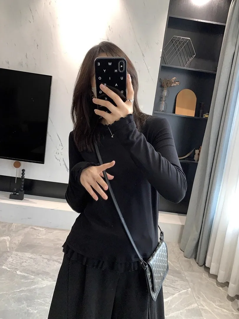 Stylish Long Sleeve Base Shirt Korean Style Elegant Cuffed Fashionable Inner Wear Spring Autumn Winter Delicate Beautiful T-S...