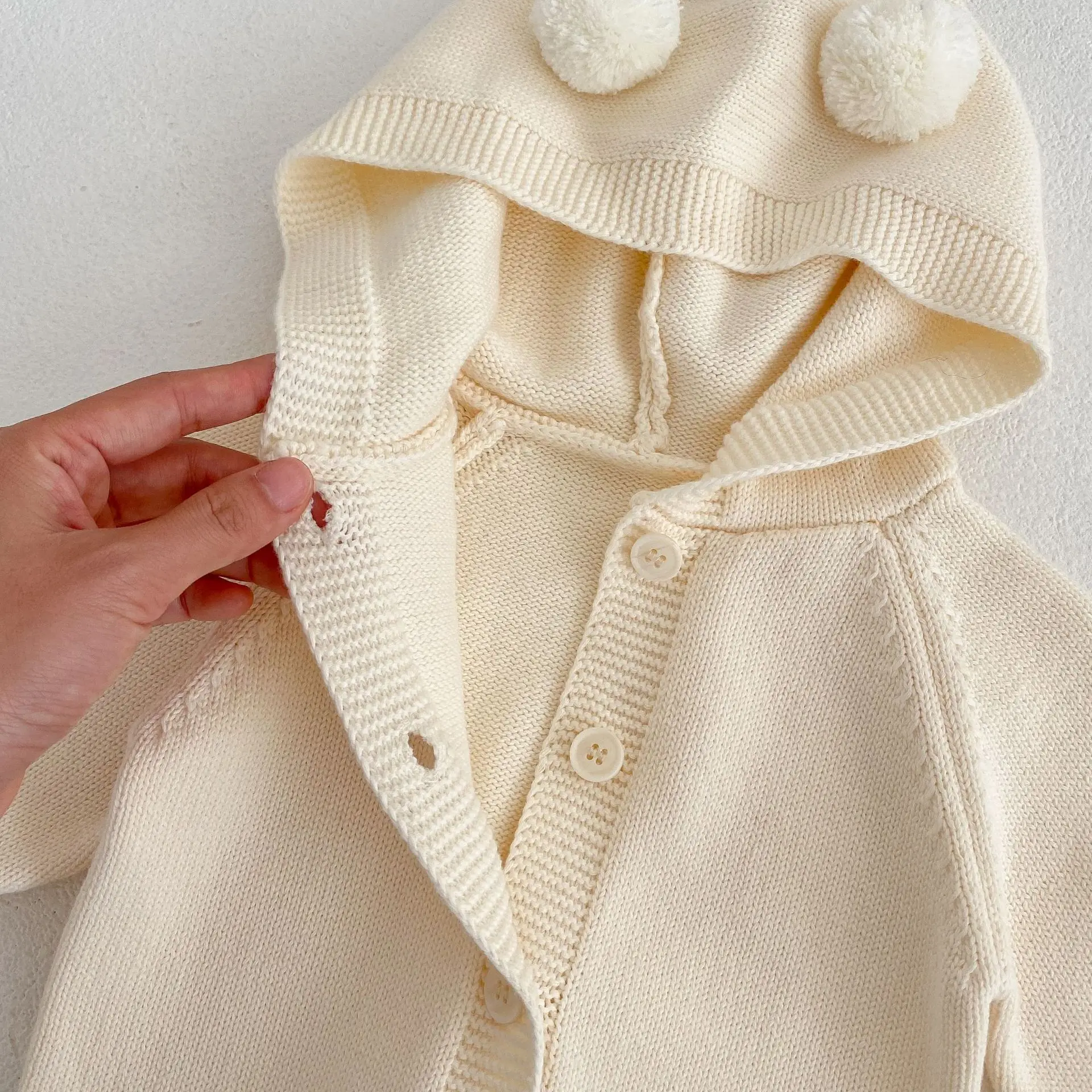 Spring Newborn Solid Color Bodysuit Cute Baby Knitting Wool Ball Bag Fart Coat Hooded Climbing Suit