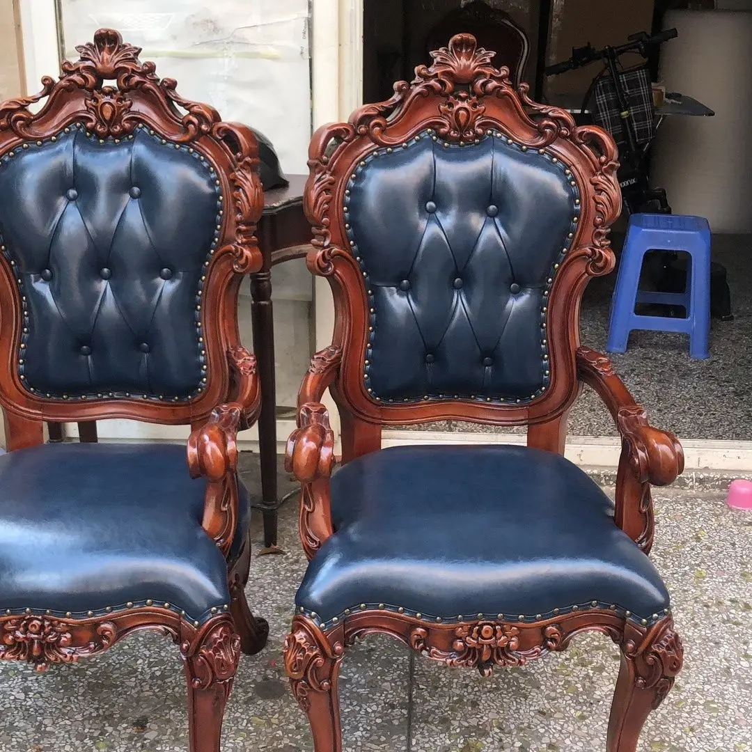 American book chair solid wood carving flower boss household leather European and American style casual European light luxury