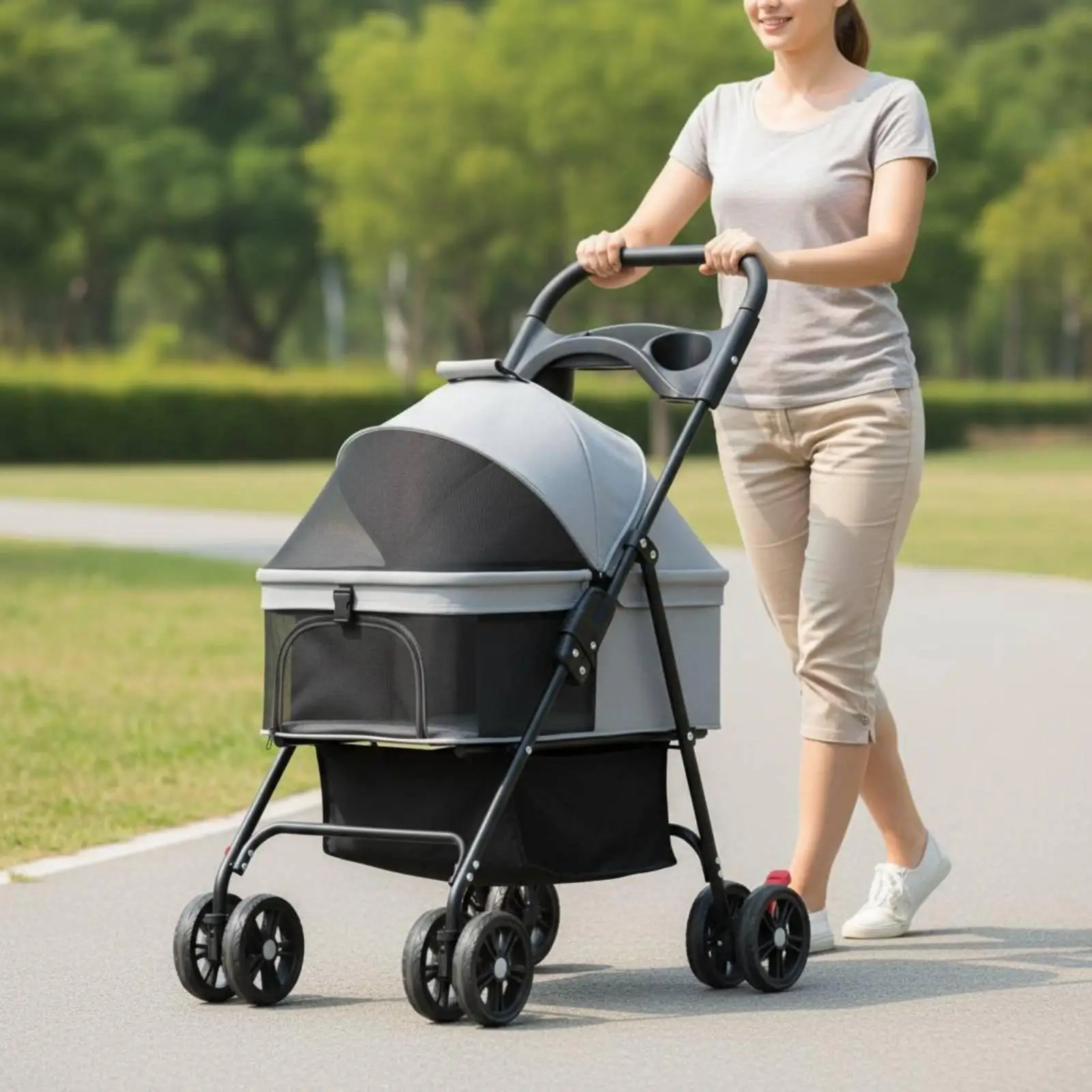 Pet Carrier on Wheels Portable Transport Cart for Dog Cat Foldable Travel Stroller Lightweight Carbon Steel Frame Easy Push