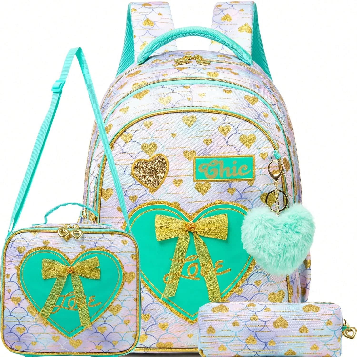 

3PCS Kids Backpacks for Girls School Bag Cute Girls Backpacks Ages 8-10 with Lunch Box Pencil Case Bookbag