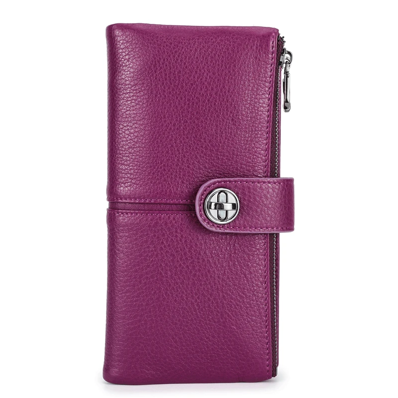 Anti-theft Brush Three-fold Women's Wallet with Tracker Long Buckle Cowhide Multi-card Large Capacity Zipper Lock Bag for Girls