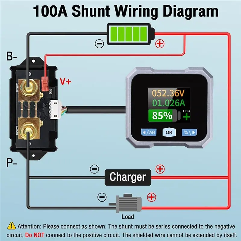 TFTP-10-100V Battery Monitor With 100A Shunt, LCD Backlit Digital Battery Meter For RV, Marine, Motorcycle & Solar System