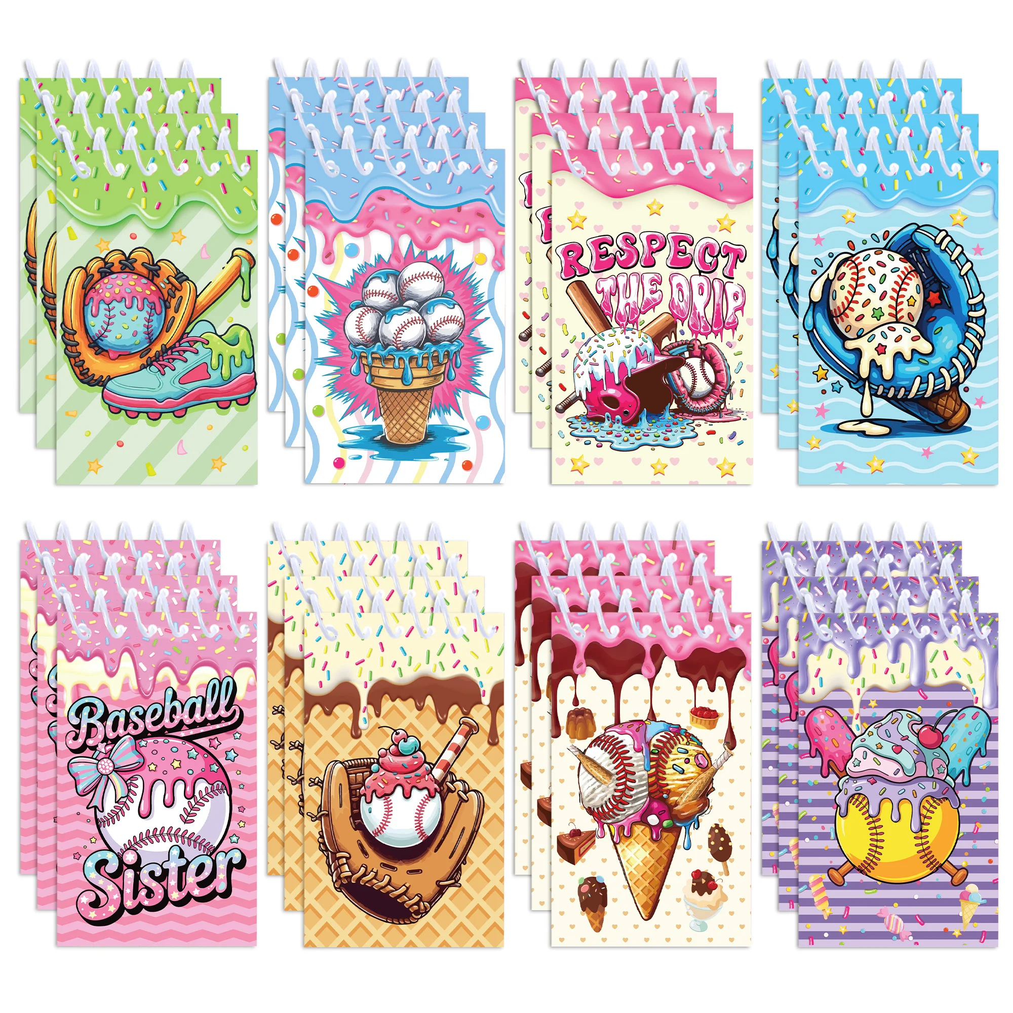 

8/16pcs Baseball Ice Cream Spiral Pocket Notebook Portable Mini Coil Booklet Kids Gifts Office Stationery School Diaries