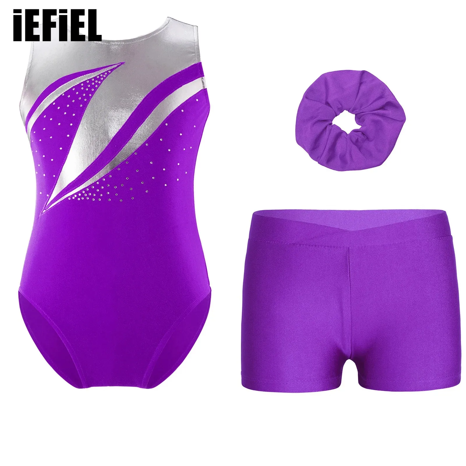 

Kids Girls Gymnastics Dance Outfit Sleeveless Metallic Shiny Rhinestones Leotard with V-front Waistband Shorts And Hairband