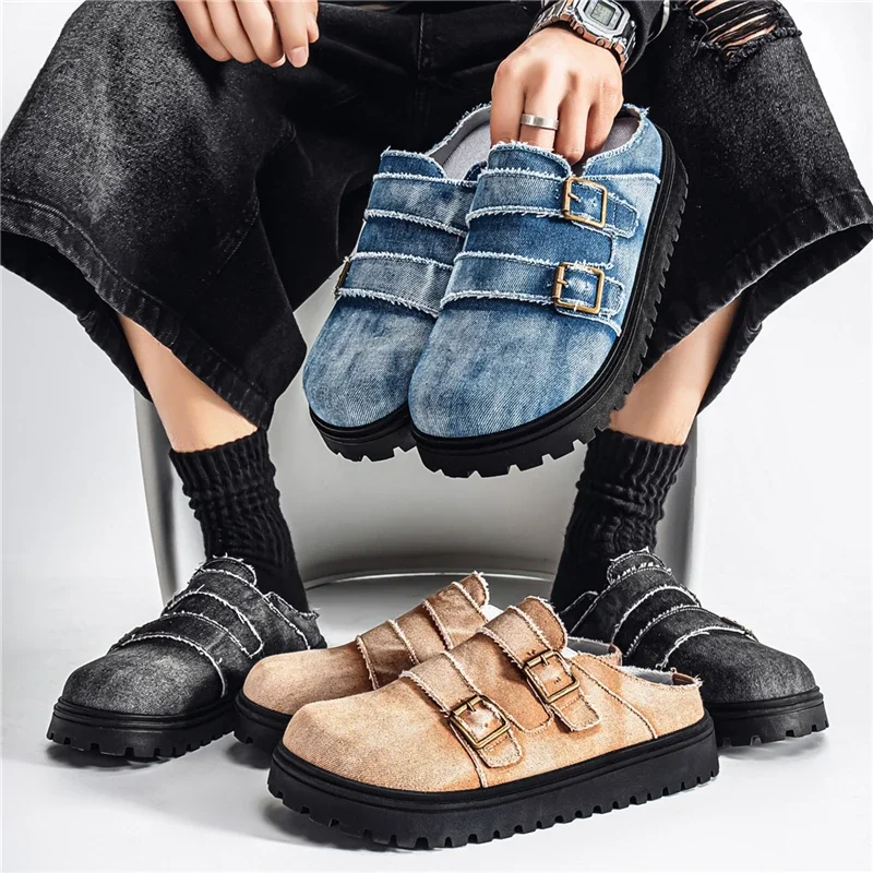 Washed Distressed Denim Slip-on Lazy Shoes Daily Commute Beach Slippers