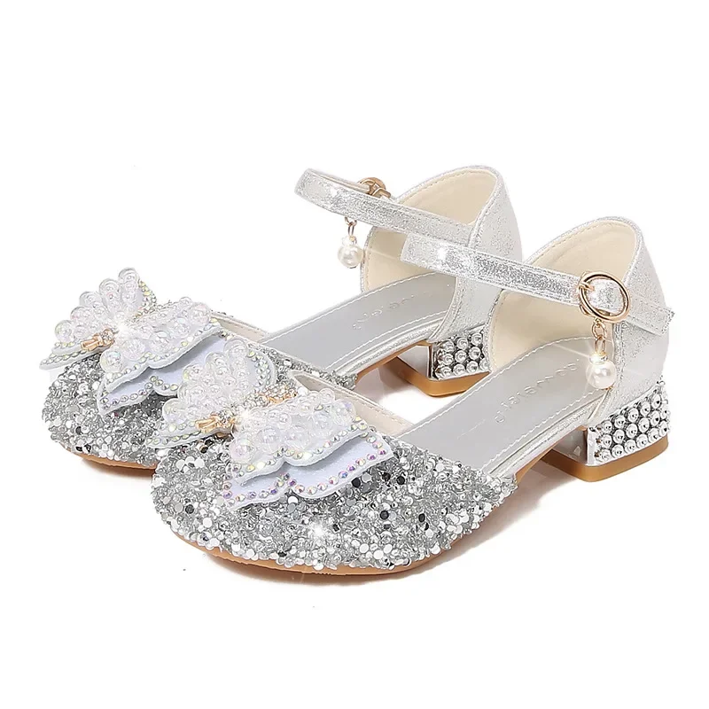 Girls' High Heels Fashion Pearl Bow Children's Princess Shoes Summer Girls' Crystal Sandals Silver Performance Shoes