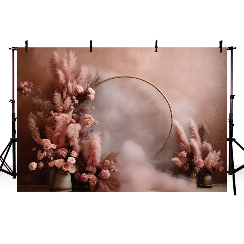 Mehofond Boho Baby Shower Backdrop Pampas Grass Flower for Newborn Birthday Party Round Ring Background Photography Photo Studio