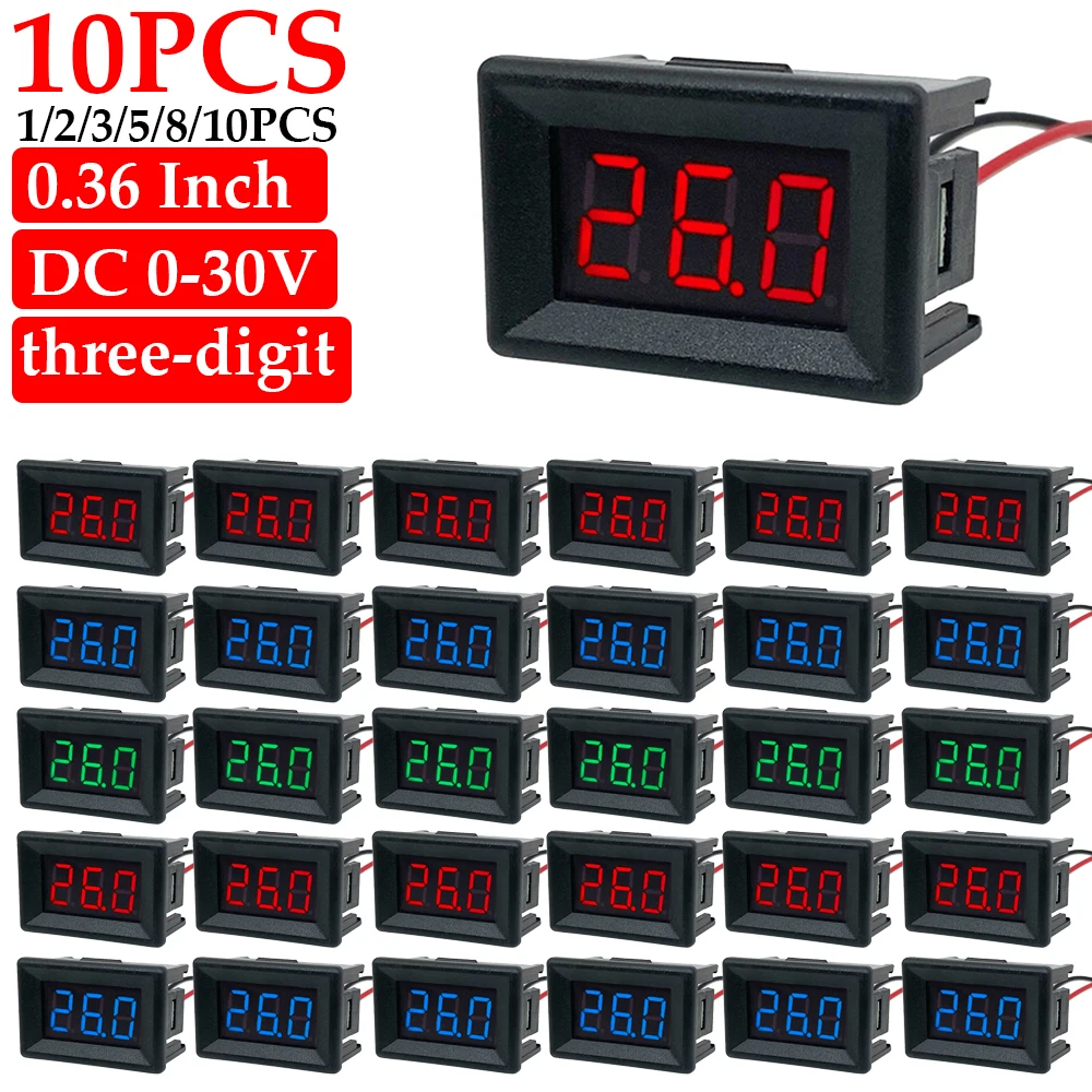 1-10Pcs Three-digit 0-30V Mini Digital Voltmeter Voltage Tester Meter Red/Blue/green LED Screen Meter for Car Motor Vehicle Tool