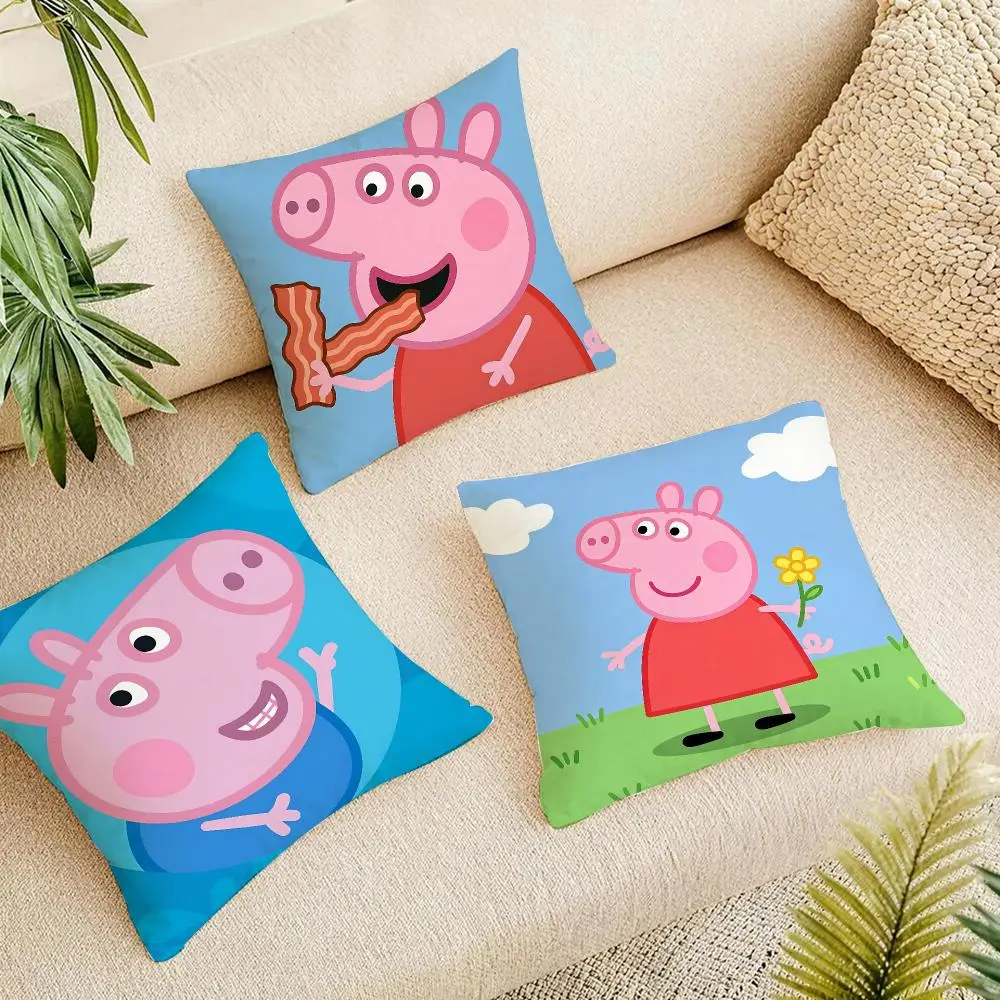 Cute Cartoon Peppa Pig Cushion Cover Short Plush Pillowcase, Washable Wrinkle Resistant Cover for Bedroom Gift