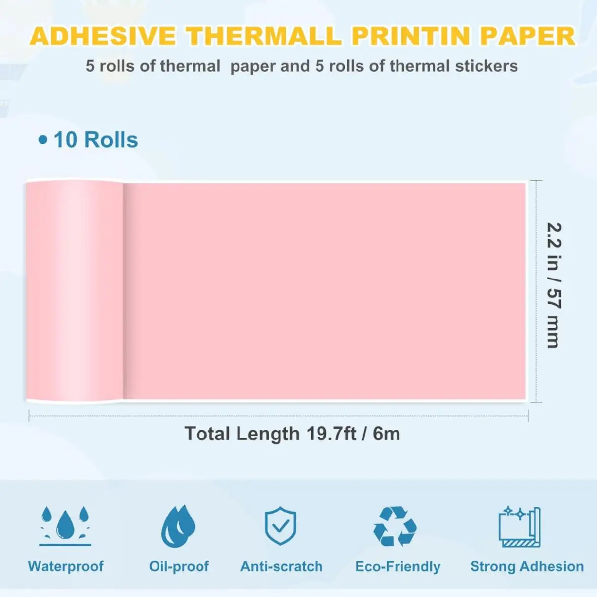 10 Rolls 57X25mm Colorful Thermal Printer Paper Rolls and Self-Adhesive Printable Sticker for Mini Pocket Printer Paper Rolls