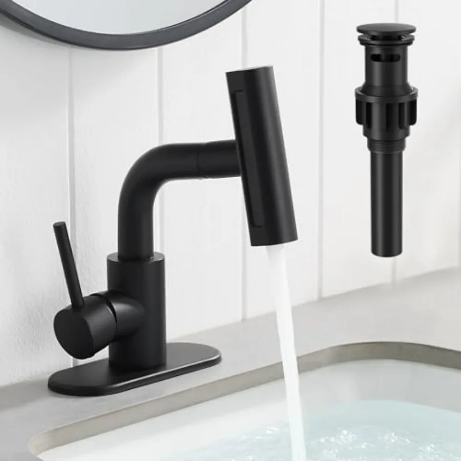 

Matte Black Bathroom Sink Faucet with 4 Mode Pull Down Sprayer for Vanity or Laundry Bar 1 or 3 Hole Single Handle Faucet with