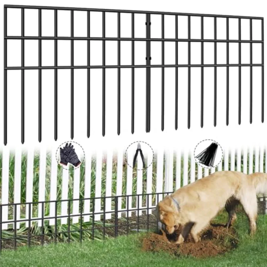 Outdoor animal barrier fence for yard, patio, garden: 42.5ft L x 13in H, 30-panel no-dig rustproof steel edging border in black