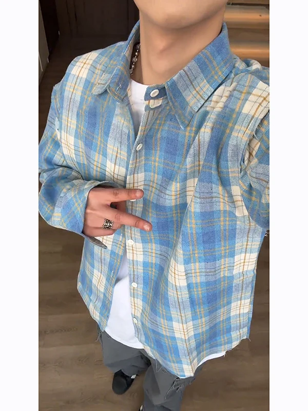 

American Retro Blue Plaid Men's Long Sleeve Shirt Loose Casual Outerwear Spring Autumn Japanese Lazy Style Outerwear