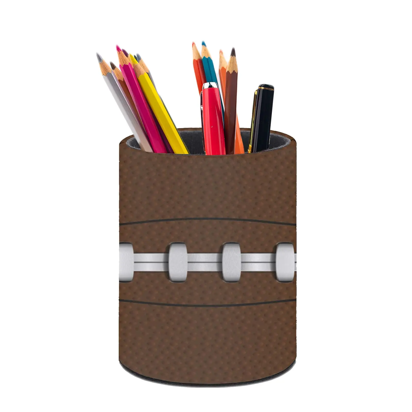 Football Pen Holder PU Leather Traditional Sport Close Up Photo Print Pencil Holders for Desk Office Classroom Study Accessory