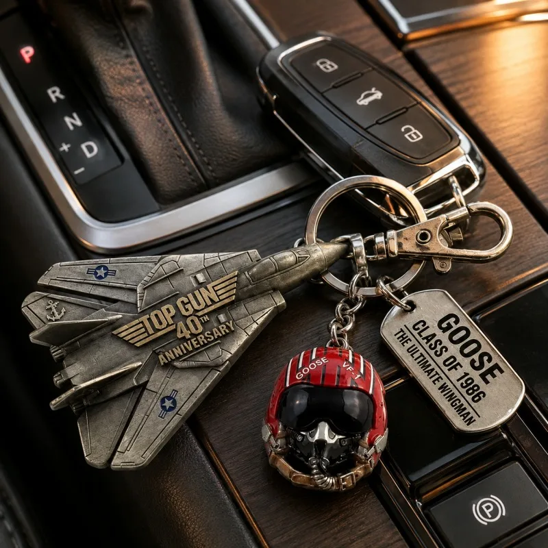 Top‑Gun Fighter Jet Keychain, Metal F‑14 Plane Model Key Ring With Goose Pilot Helmet & Dog Tag, Aviation Souvenir Gift For Fans