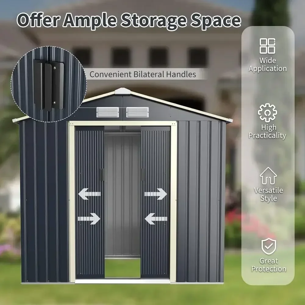 7x6 ft Metal Outdoor Storage Shed with 4 Vents and Double Sliding Doors for Garden, Patio, and Lawn