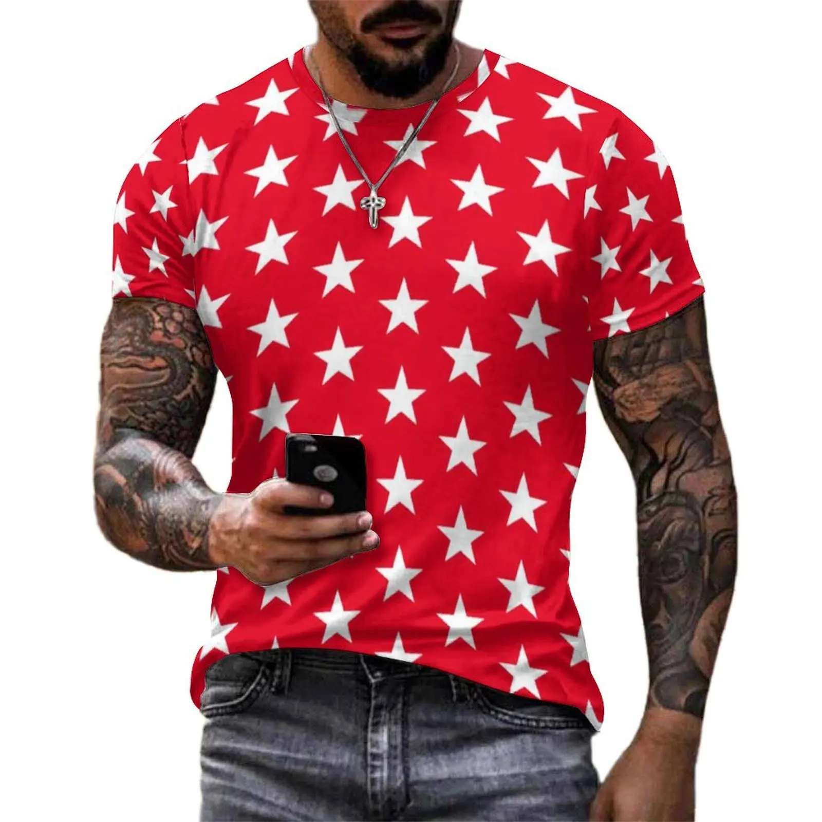 White Red Star T-Shirt Athletic July 4th Stars Print Men Harajuku T-Shirts Premium Tees Short Sleeve Awesome Oversize Tops