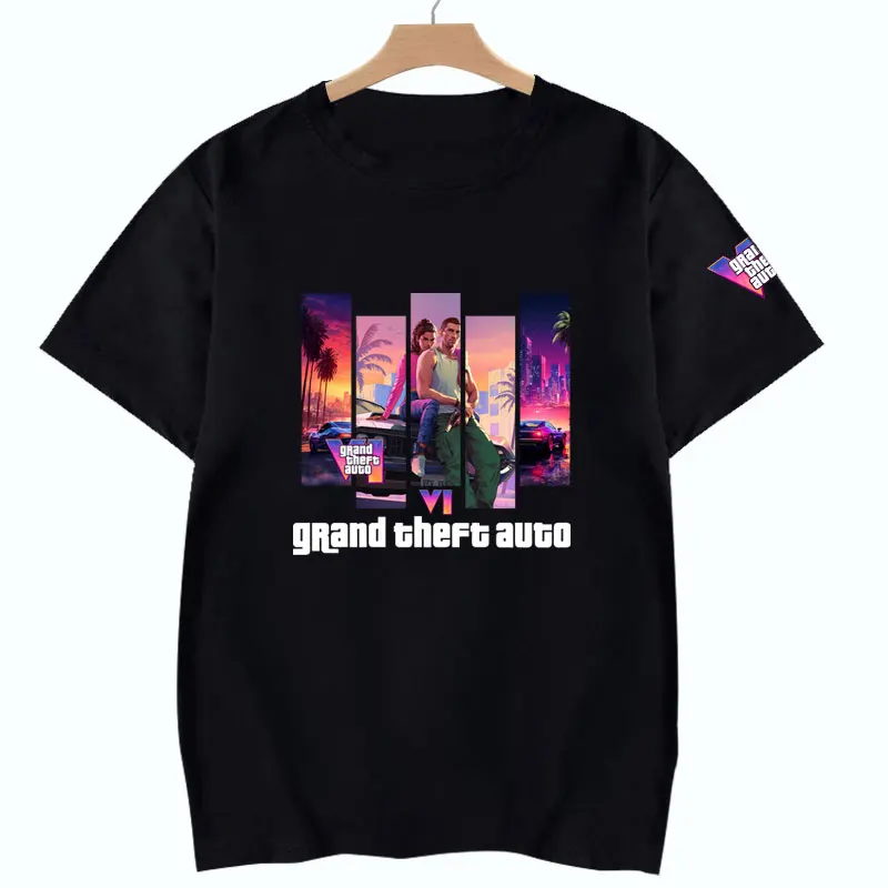 Camisetas سرقة السيارات الكبرى VI GTA6 لعبة تي شيرت Camisa القطن س الرقبة ألعاب قميص مطبوع عادية مضحك القوطية المحملة Y2k الملابس
