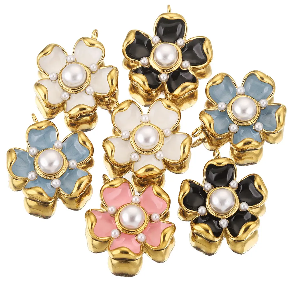 

2pcs Exquisite Enamel Stamen Flower Earrings Charms Stainless Steel Imitation Pearl Charm Pendants for DIY Jewelry Making Craft