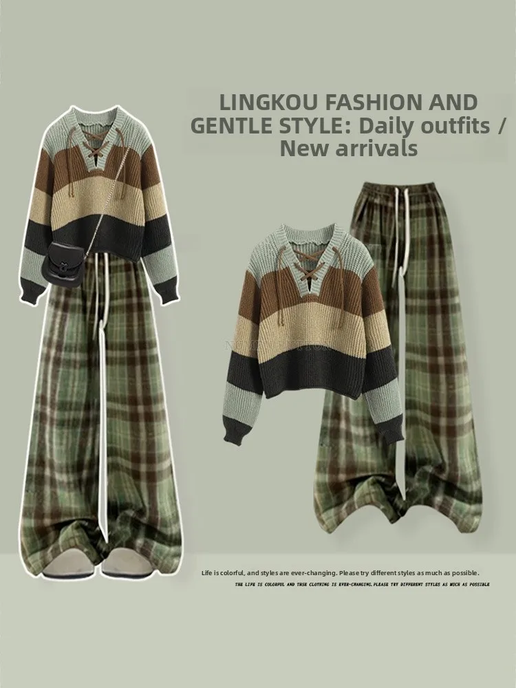 Retro Striped Knitted Sweater And Checkered Casual Pants Two-Piece Set plus Size Autumn Winter Fashion Korean Style Women's E...