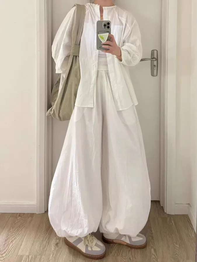 Women's White Cotton Linen Loose Slimming Air Pants Small Size Lazy Style Lantern Cuffed Pants High Waist Elastic Waistband