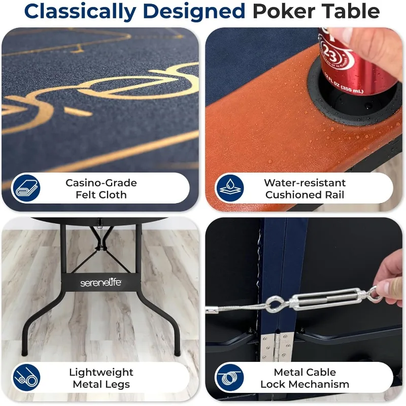 6ft Foldable Poker Game Table, 8 Player Casino Style Oval Card Table with Cushioned Rails, 8 Cup Holders, Metal Legs,