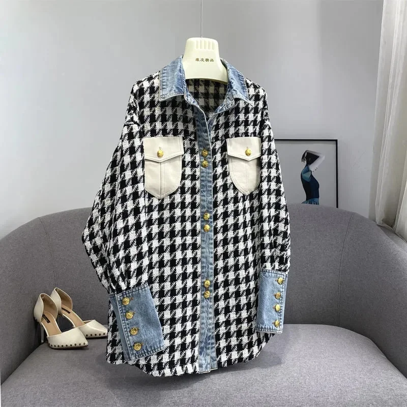 2023 primavera New Thousand Bird Checker Age riducente giacca Denim Splicing Design Sense stile coreano indossando Cardigan stile donna