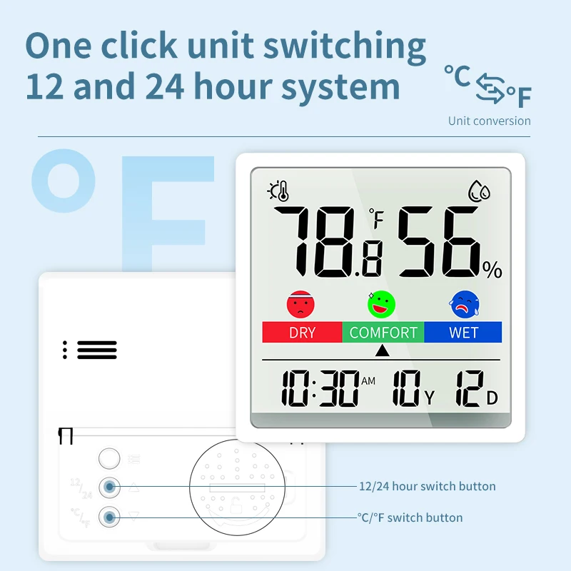 Quarto Hgrômetro Digital com Bateria, Temperatura e Umidade Medidor, Data Clock