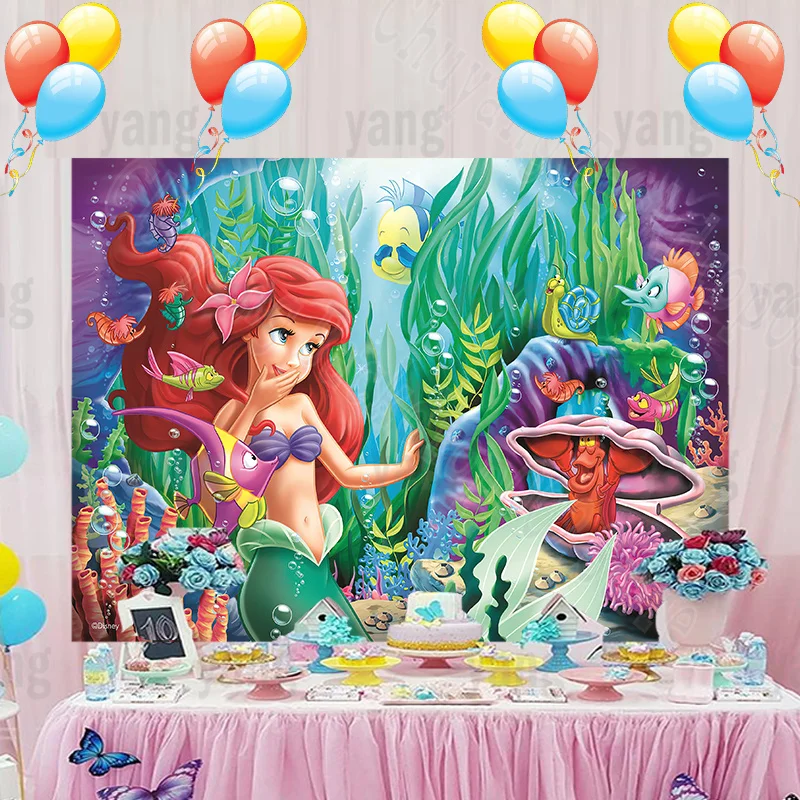 Disney The Little Mermaid Backdrop Newborn Birthday Smiling Ariel Girls Princess Colorful Deep Sea Background Party Decoration