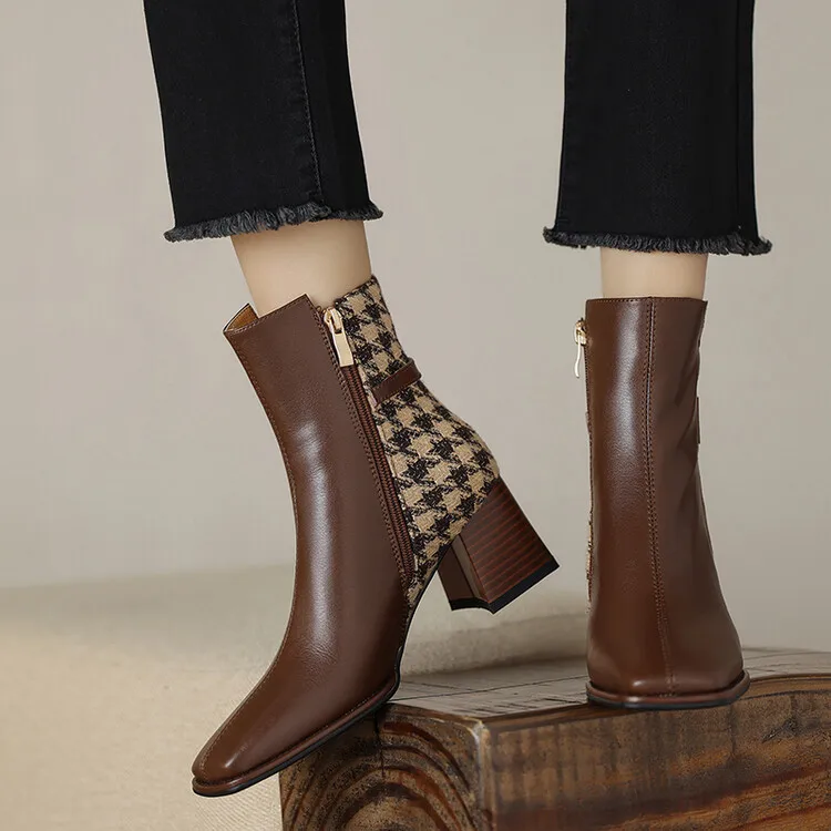 2023New Thick Heel Small Short Boots Square Headed Plaid Color Matching Temperament Fashion Women's Single Boot Panel High Heels