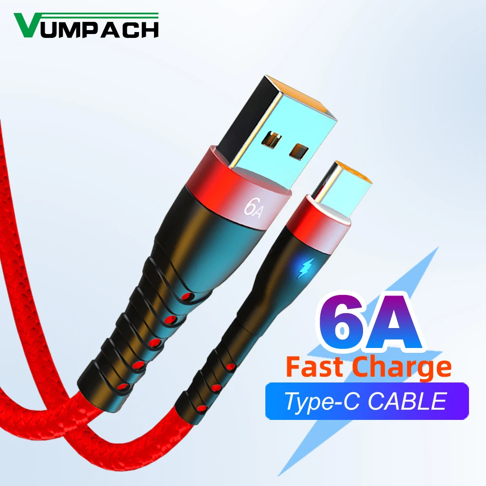 Vumpach 6A USB نوع C كابل لهواوي P30 P40 برو شحن سريع للغاية 66 واط USB-C شاحن بيانات الحبل سامسونج S21 الترا S20 Poco