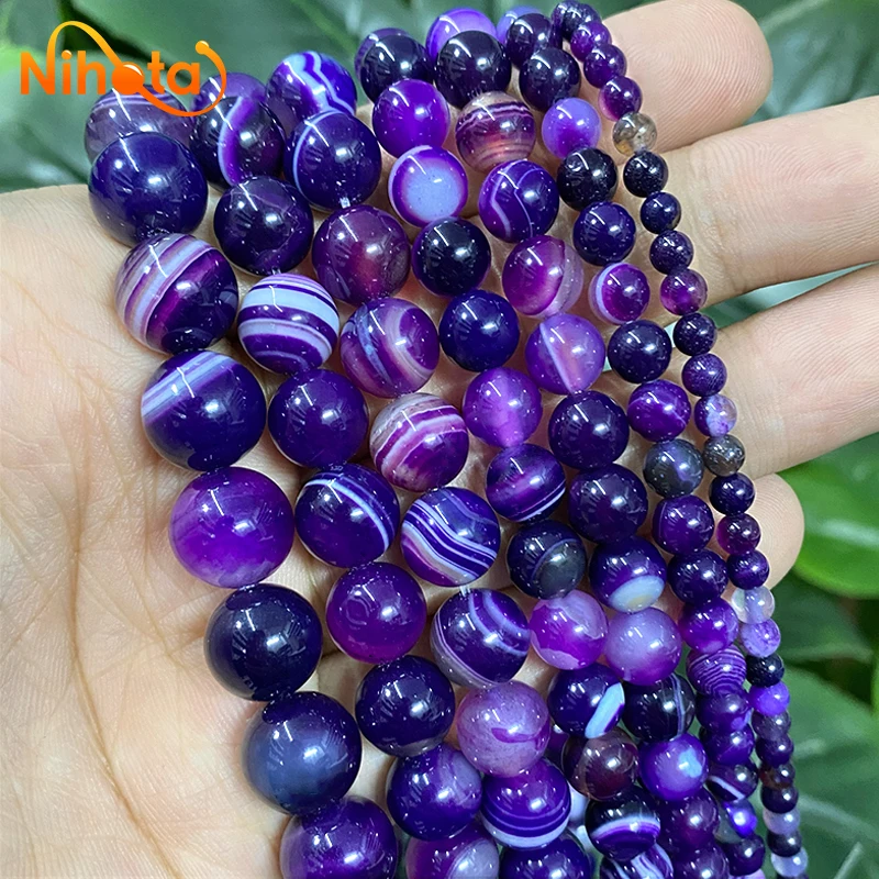 Natural Purple Banded Lace Striped Agates Round Stone Beads 4/6/8/10/12/14mm for Jewelry Making Handmade DIY Bracelet 15\