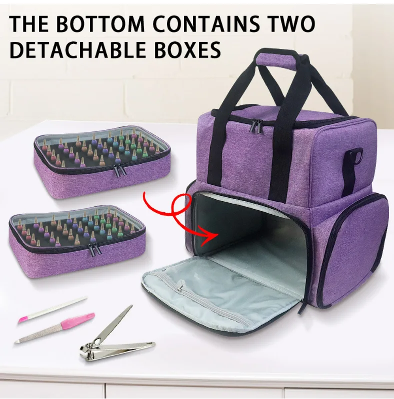 Nail Polish Organizer Holds 70 Bottles & a Nail Lamp, Nail Polish Case with 2 Removable Bags Tools Storage Pockets