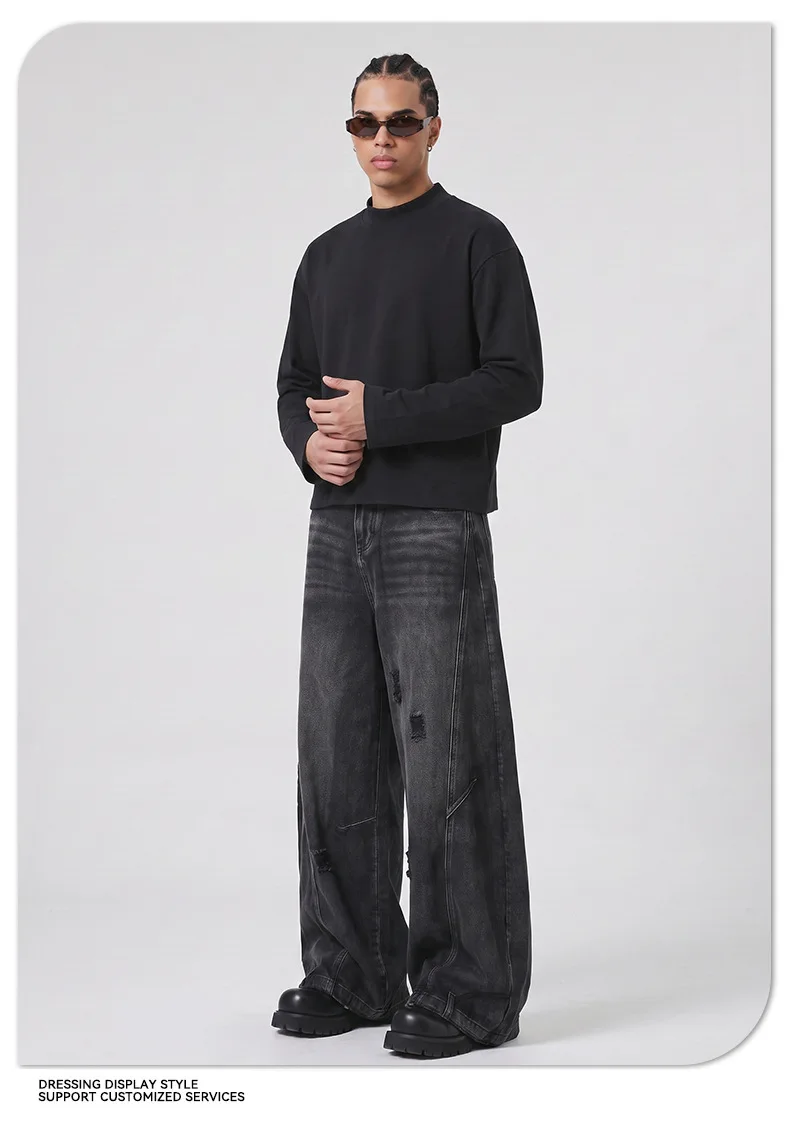 Heavy Autumn and Winter Solid Color Sweater Men's Hem Rough Edge Retro Semi-turtleneck American Pullover Sweater