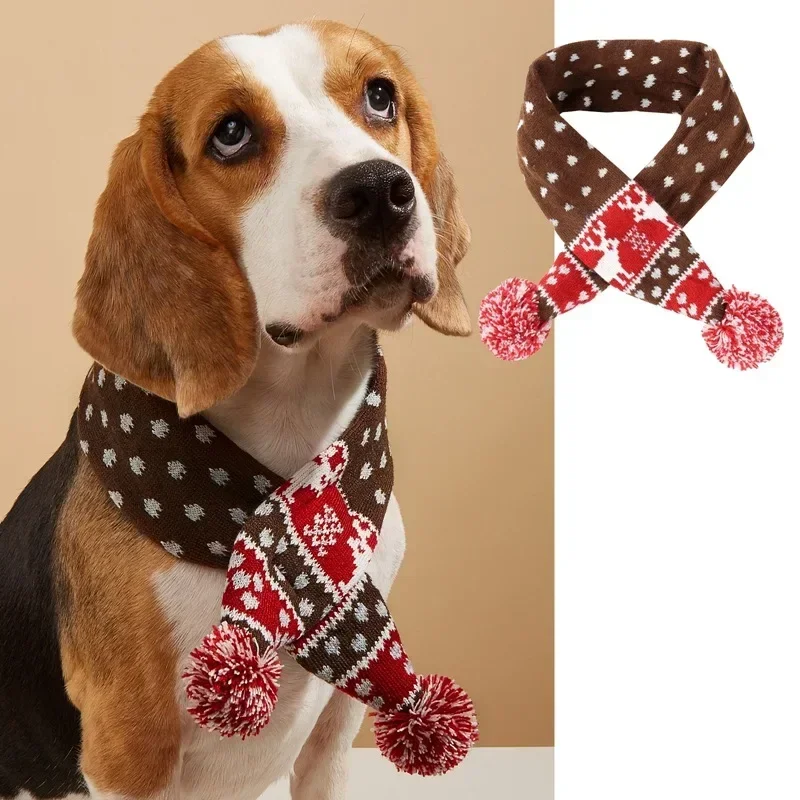 Christmas Dog Scarf Knitted Elk Scarf Striped Hair Ball Pet Scarf Cat Scarf Dog Scarf Pet Christmas Supplies Dog Accessories