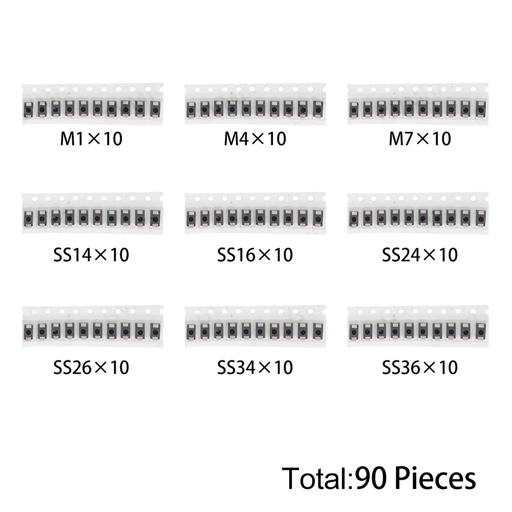 90PCS M1 M4 9Values SMD Schottky Diode Kit M1 M4 M7 SS14 SS16 SS24 SS26 for Electronic Rectification Projects SS34 SS36