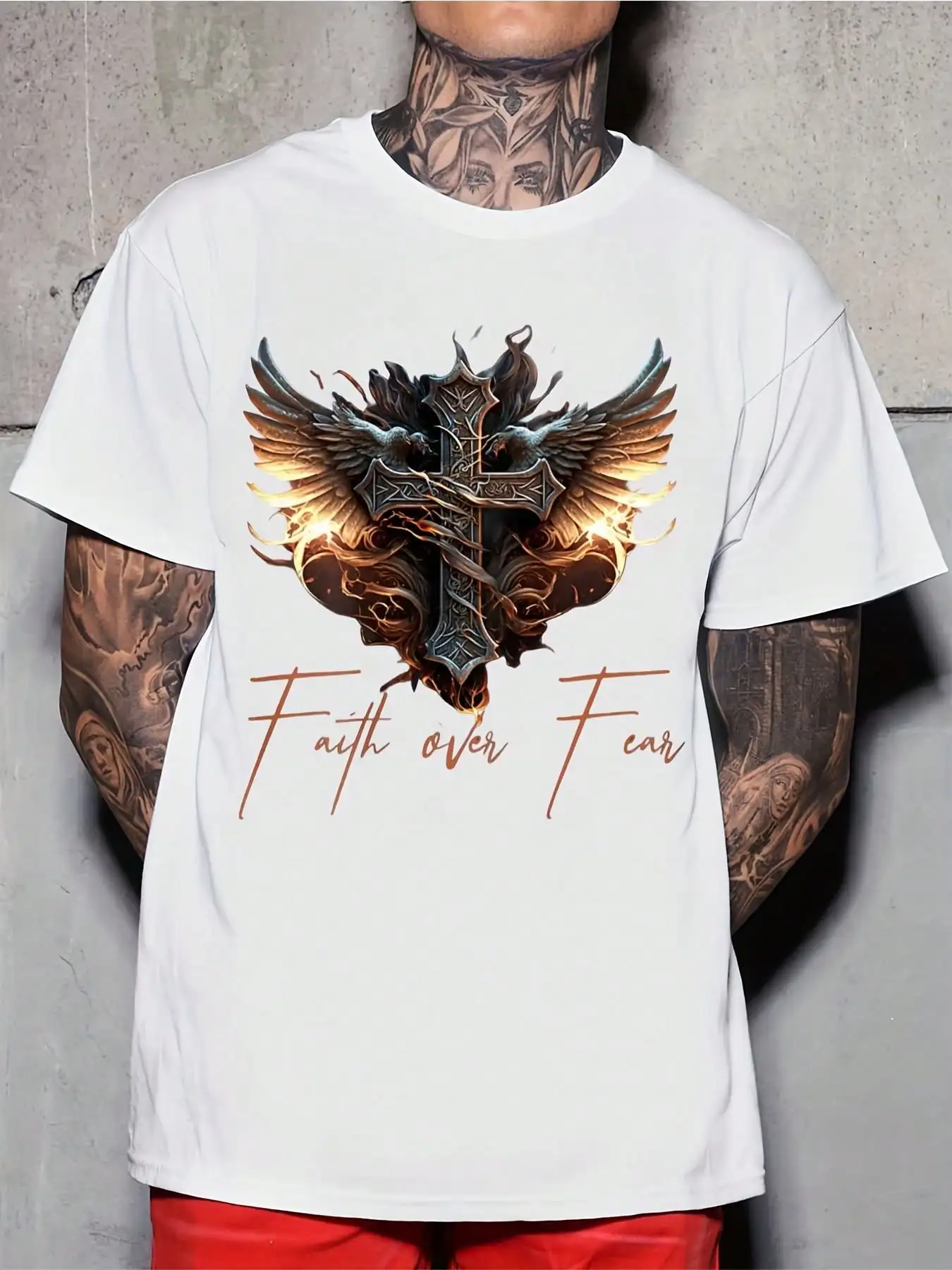 Faith Over Fear Cross With Wings Print Unisex Crewneck T Shirt For Casual Wear And Religious Events Christmas 220g