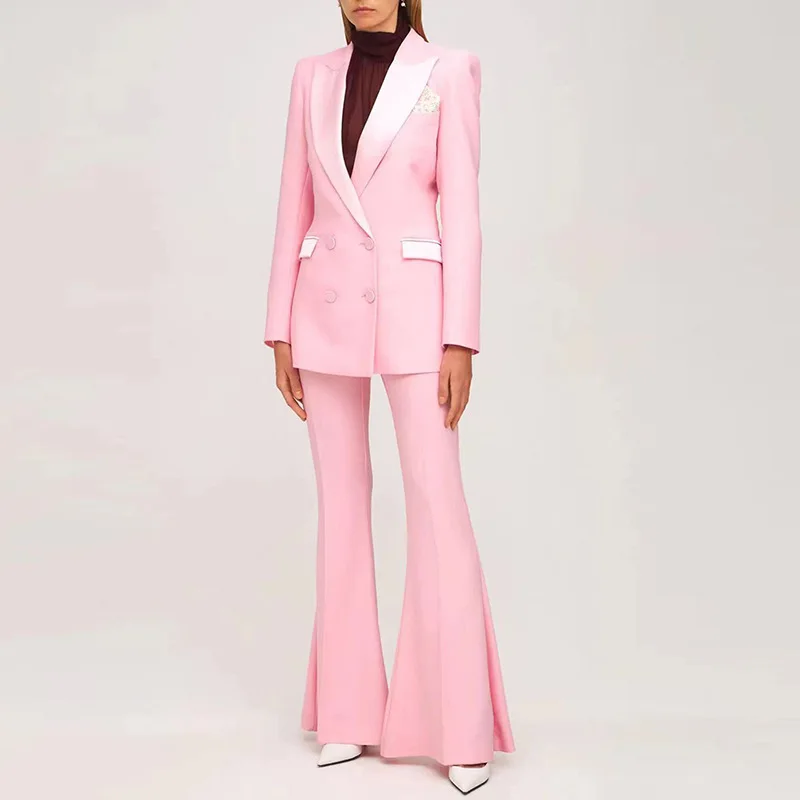 

Tesco Pink Women's Suits Set Elegant 2 Pieces Double Breasted Blazer Flare Pants For Office Lady Solid Female Suit blazer mujer