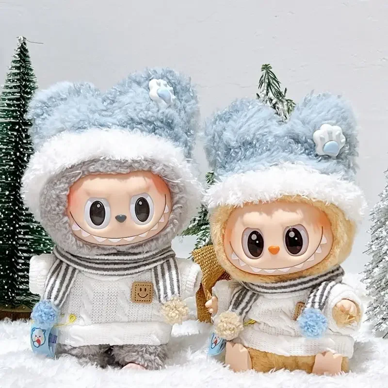 Smiling Blue Fuzzy Hat and Sweater Set for 17cm Labubu Dolls Cute Plush Outfit