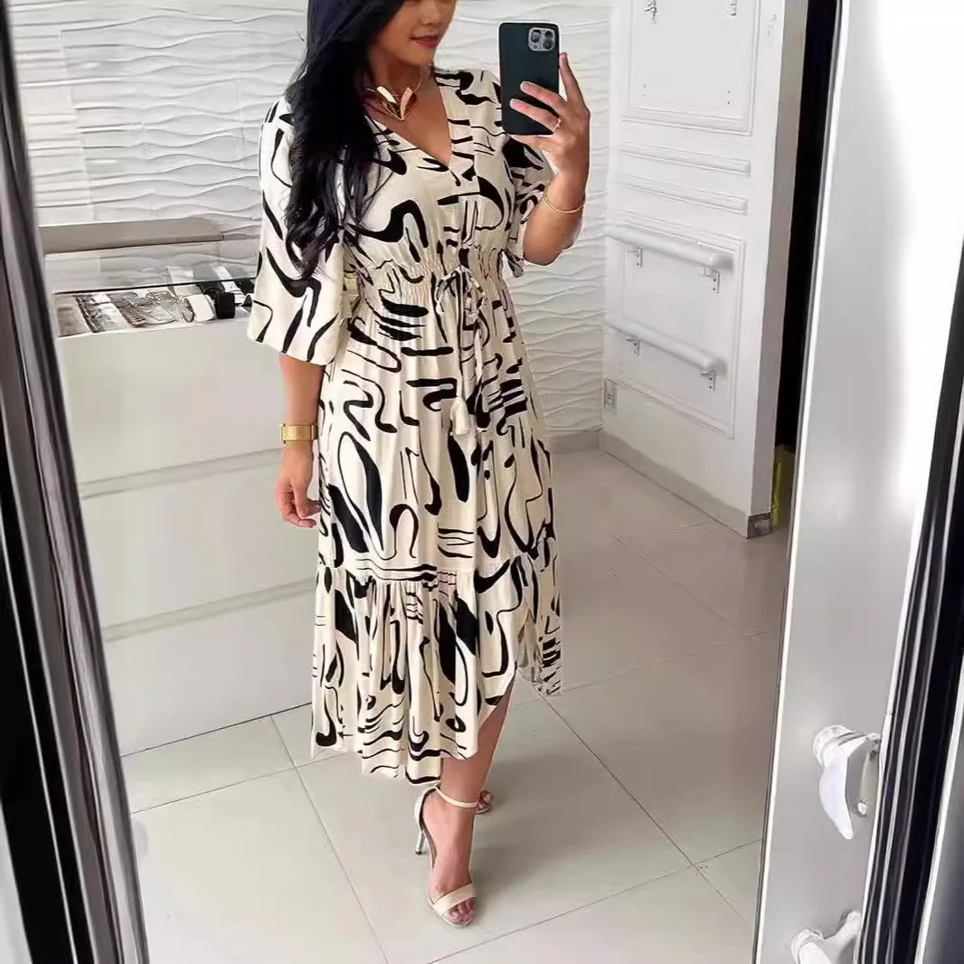 

Casual High Waist Print Dress V-neck Bell Sleeves Elastic Waist Tie Long Dress Spring Summer Fashion Large Hem Split Dresses