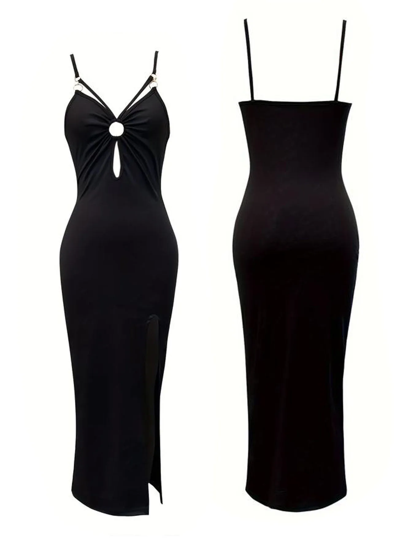 ファッションカットアウトリングソリッドキャミドレス、セクシーなスパゲッティストラップバックレススリムスプリットチェストラッフルドレス、レディース服