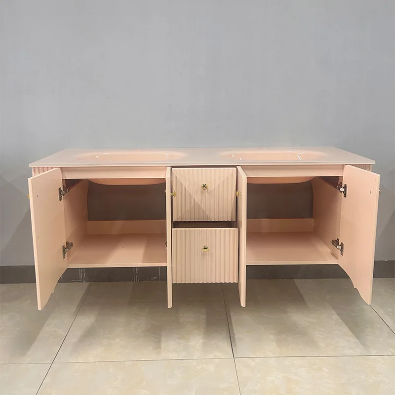Tempered Glass Integrated Basin, Painted Bathroom Cabinet, Washstand, Wall-mounted Custom Bathroom Cabinet