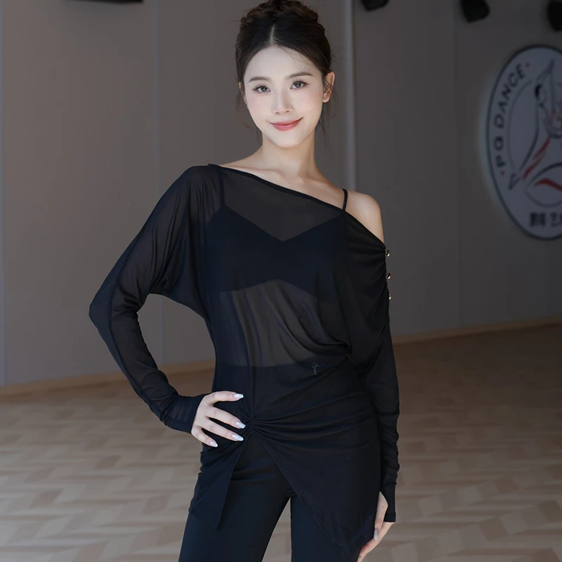 Latin Dance Practice Top Women Long Sleeve Black Tunic Adult Salsa Cha Cha Rumba Training Costume Dancer Line Dance Clothes 2321