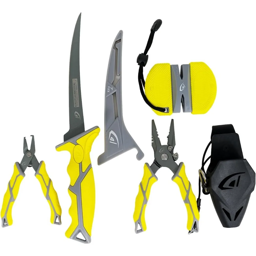 

6-pc fishing tool set: carbon pliers, split-ring pliers, flex fillet knife & sharpening puck for fresh/salt water