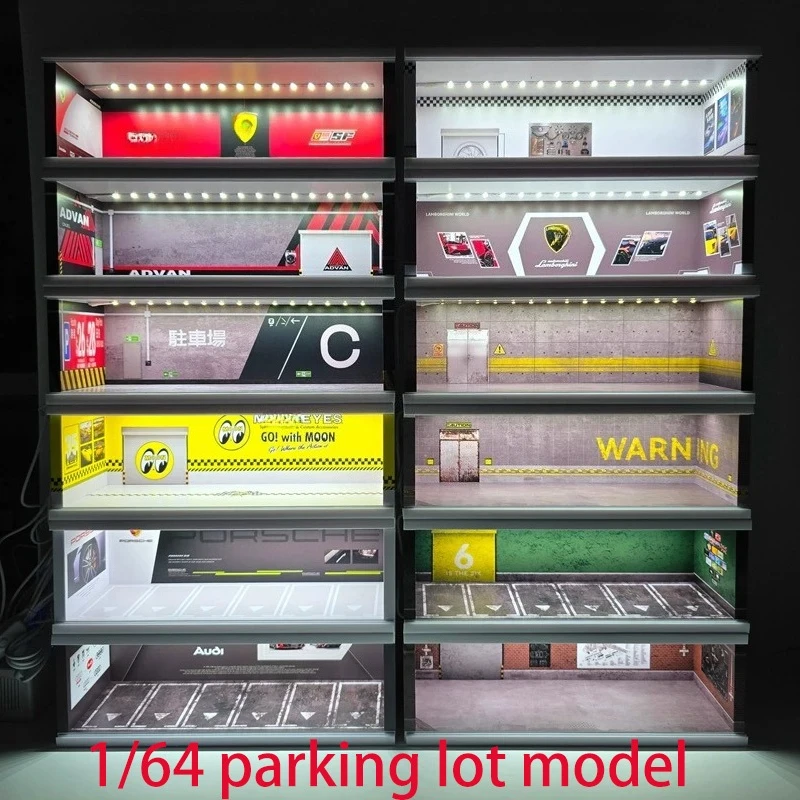 1:64 Car Model Underground Parking Scene Model Showroom Dust-proof Acrylic Storage Cabinet Simulated Garage Parking Space