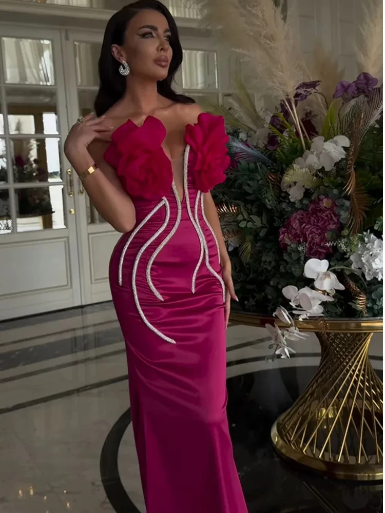 2024 Women Celebrity Sexy Strapless Backless Beading Diamonds Pink Maxi Long Bandage Dress Evening Stage Performance Dress